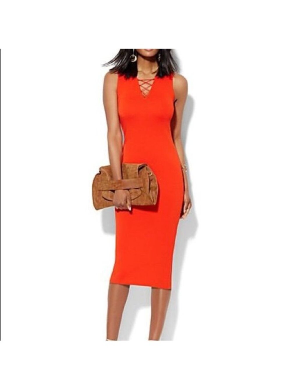 NWT NY&C Tangerine Sleeveless Midi Pencil Fit Knit Sexy Body Con Dress Women L